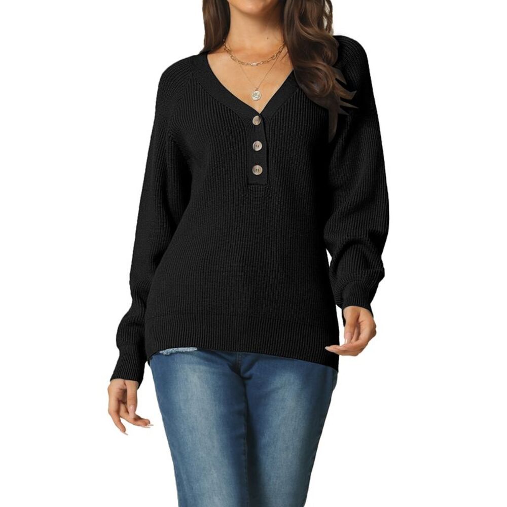 Button V Neck Sweater Solid Color Ribbed Knit Relaxed Fit Pullover Jumper Black
